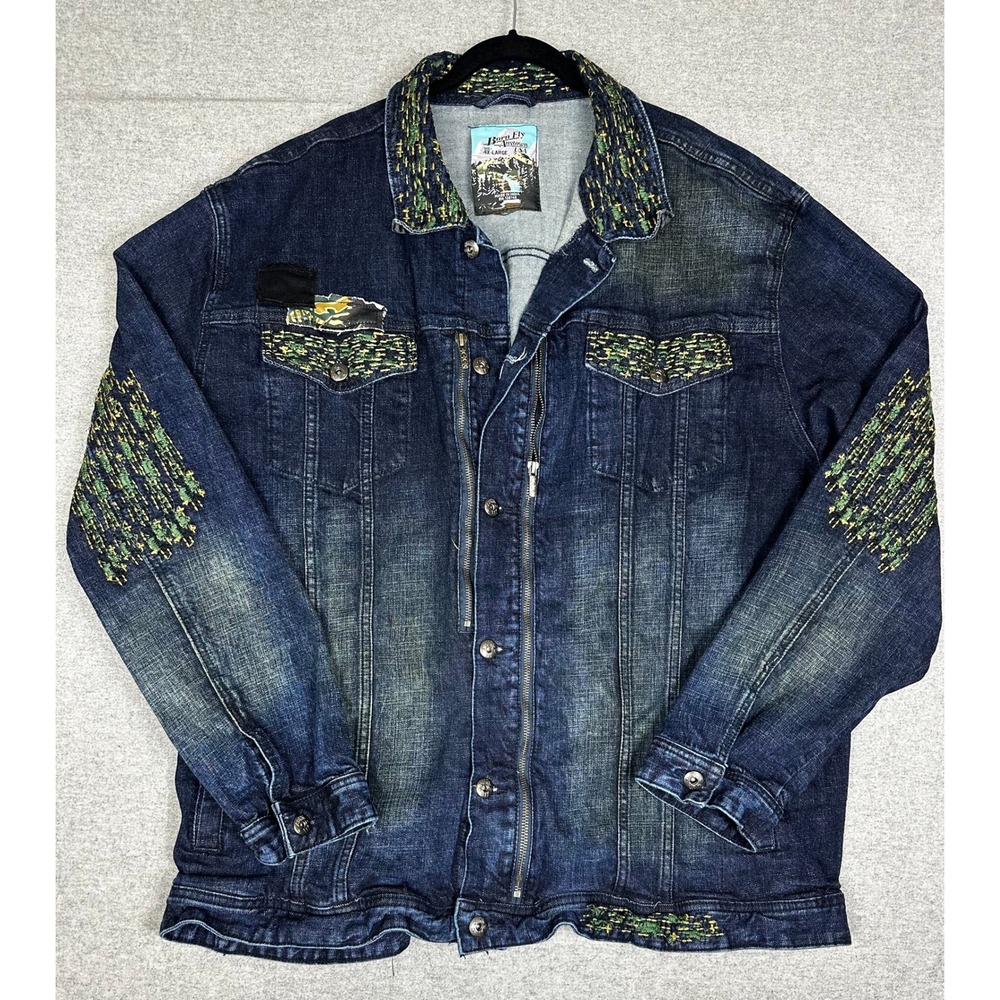 Born Fly Denim Jacket Mens 4XL Blue Excellent Embroidered Camo Patch Streetwear